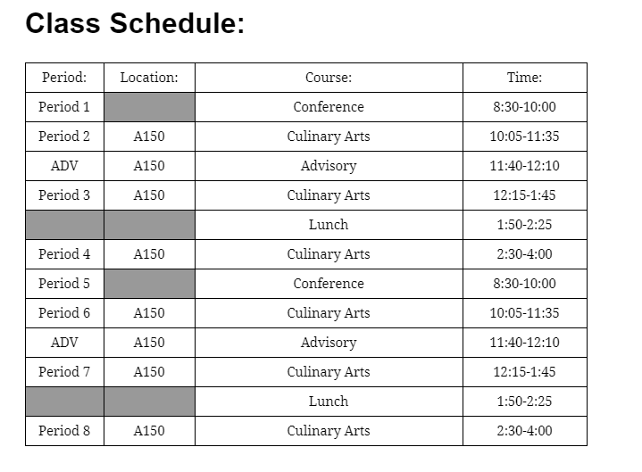 Class Schedule: